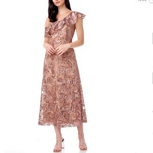 JS Collections Floral Embroidered Illusion Neckline 
Tan Midi Dress Size 6